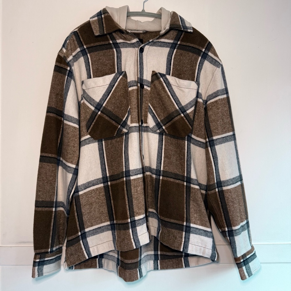 Brown & White Plaid Flannel Shacket Men's Hooded Shirt Jacket Oversize Fit
